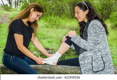 Young Woman With Injured Ankle Sitting On Fallen Tree And Getting Bandage Compression Wrap From Female Friend