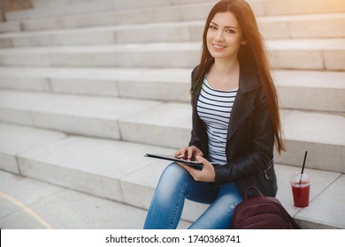 Young Woman With Ipad Studying Outdoor, Student Girl