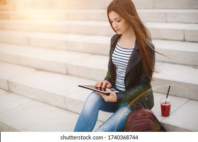 Young Woman With Ipad Studying Outdoor, Student Girl