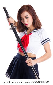 Young Woman In Japanese Anime Cosplay, Holding Samurai Sword.