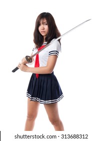 Young Woman In Japanese Anime Cosplay, Holding Samurai Sword.