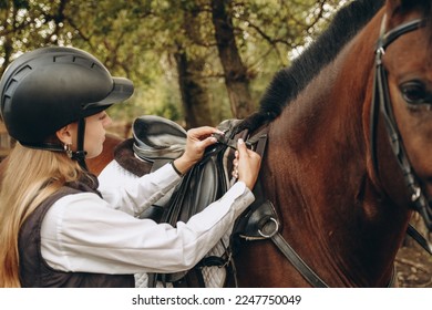 A young woman jockey adjusts the harness on her horse before training. Preparing for an equestrian competition. - Powered by Shutterstock