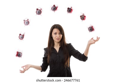 Young Woman Juggling A Alarm Clock