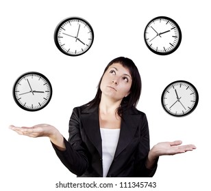A young woman juggling the management of time represented by cartoon clocks. Isolated on a white background.