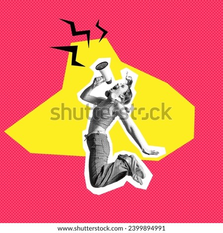 Young woman jumping and emotionally shouting in megaphone over bright background. News, advertisement. Contemporary art collage. Concept of youth, lifestyle, social media. Poster. Magazine style