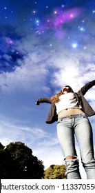 A Young Woman Jumping To The Night Sky.