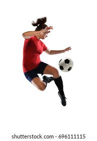 Young Woman Kicking Soccer Ball With Heel Isolated Over White Background