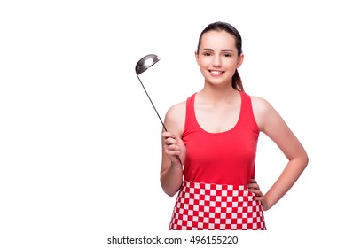 Young Woman With Ladle Isolated On White