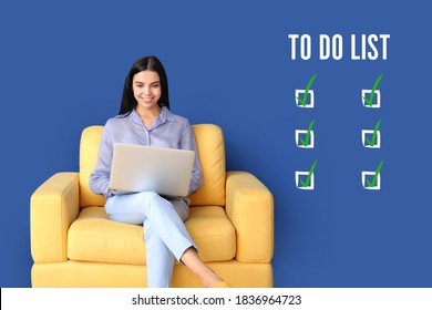 Young Woman With Laptop Making To Do List At Home