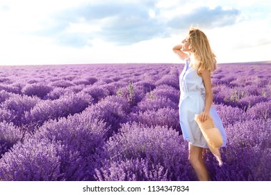 Young Woman In Lavender Field On Summer Day