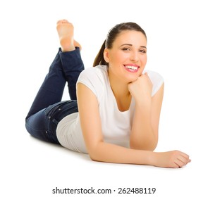 Young Woman Laying On The Floor Isolated