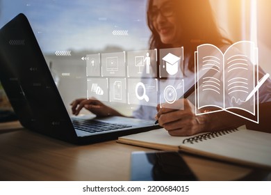  young woman with learning language during online courses using netbook , 

e-learning education concept, learning online with webinar, video tutorial, internet lessons