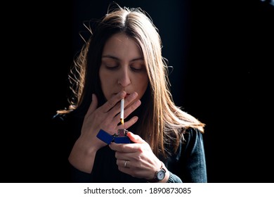 Young Woman Lighting Cigarette Female Fingers Stock Photo 1890873085 ...