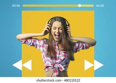 Young woman listening music. Media player design on blue background. - Shutterstock ID 480110122