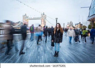 Young Woman In London At Rush Hour