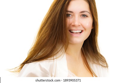 Young woman long brown hair without makeup. Natural beauty. Purity skincare spa treatment.