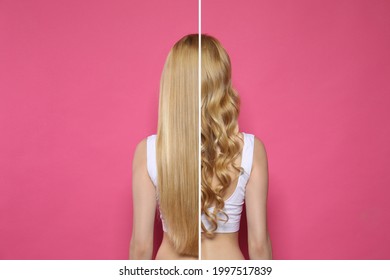 Young woman with long hair before and after using curlers on pink background, collage - Shutterstock ID 1997517839