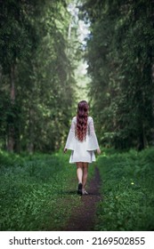 A Young Woman With Long Hair In A White Dress Walks Along A Path Into The Forest, An Abyss Concept, Getting Lost, Danger