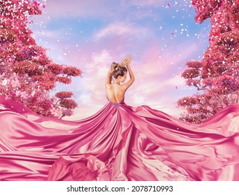 Young Woman In Long Silk Dress Fairy Tale Fashion Fantasy