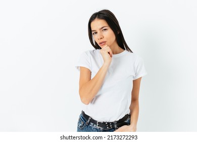 Young Woman Looking Camera Incredulous Expression Stock Photo ...