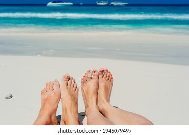 Young Woman Looking Down Pov Point Of View Perspective On Bare Feet Standing In White Sand