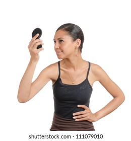 Young Woman Looking At The Hand Held, Make-up  Mirror With Different Facial Expressions. Body Language. Happy, Surprised, Open. Isolated On White .