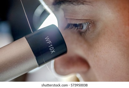 Young Woman Looking Through Microscope, Eyes Closeup, Backlight, Scientist Science And Medical Research Concept Idea