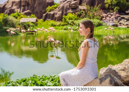 Young woman looks at birds in the park