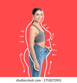 Young woman in loose clothes after weight loss color background