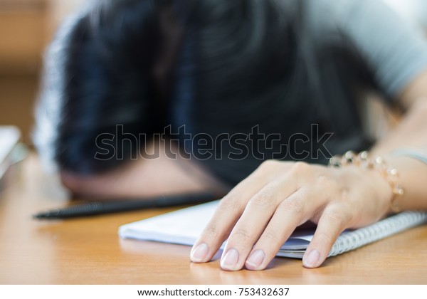 Young Woman Lying Bent Over Desk Stock Photo Edit Now 753432637