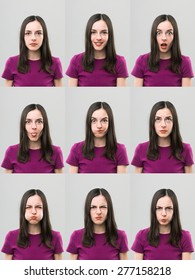 Young Woman Making Different Faces. Digital Composite Image