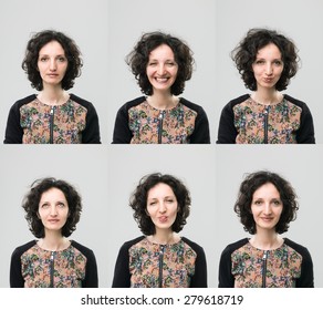 Young Woman Making Different Faces. Digital Composite Image