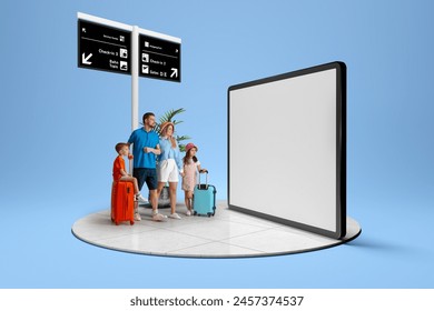 Young woman and man with children and suitcases standing at giant 3D model of mobile phone screen, with departure signs. Travelling. Concept of vacation. Booking tickets and hotels via online services - Powered by Shutterstock