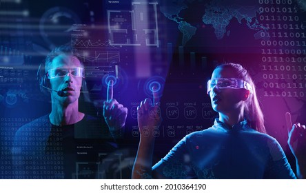 Young Woman And Man Controlling Digital Environment. Future, Mind Controlling, Digital Interface Concept.