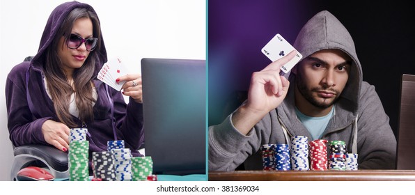 Young Woman And Man Online Poker Players, Split Screen. Online-internet Casino Concept 