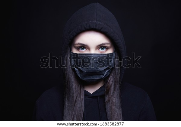 Young Woman Mask Hood Girl Black Stock Photo 1683582877 | Shutterstock