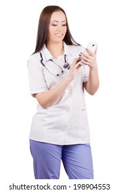 Young Woman Medical Doctor With Mobile Phone. Isolated On White Background.