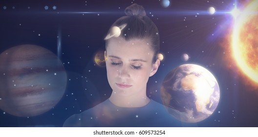Young woman meditating against composite image of solar system against white background 3d