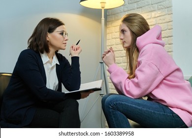 Young Woman In Meeting With Female Psychologist, Girl Student Telling Her Problems Therapist, Mental Health Of Youth