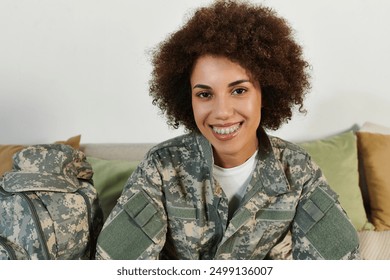 A young woman in military attire smiles brightly, ready to embark on her service journey. - Powered by Shutterstock