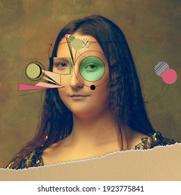 Young woman as Mona Lisa replica isolated on dark green background. Comparison of eras concept. Beautiful female model like classic historical character, old-fashioned. Collage of contemporary art.