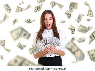 Young Woman With Money On White Background