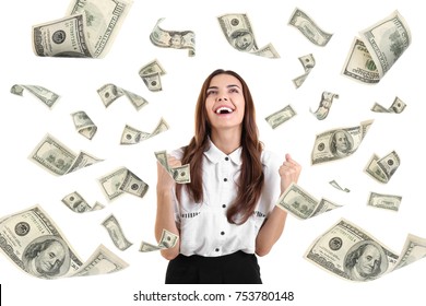 Young Woman With Money On White Background