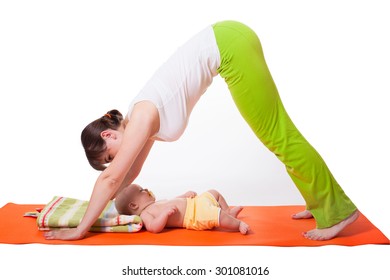Young woman mother practicing yoga with baby, studio portrait isolated on white background