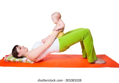 Young woman mother practicing yoga with baby, studio portrait isolated on white background - Powered by Shutterstock