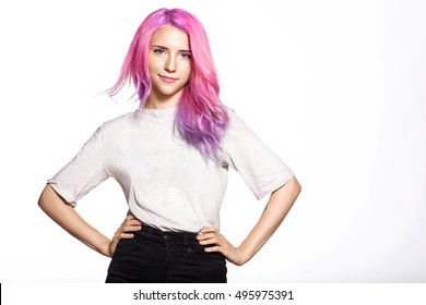 Young woman and multi  colored hair in blank gray t  shirt