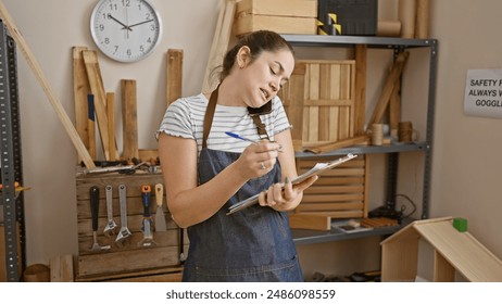 Young woman multitasking in a carpentry workshop, talking on the phone while taking notes. - Powered by Shutterstock