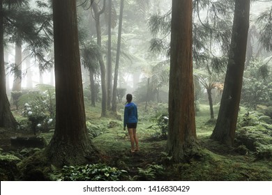 Young woman at the mystical forest of Sao Jorge island, the Azores, Portugal. Fairy tale concept in a ominous forest