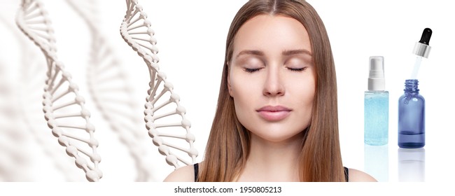 Young Woman Near Primer Oil Bottle Among DNA Stems.