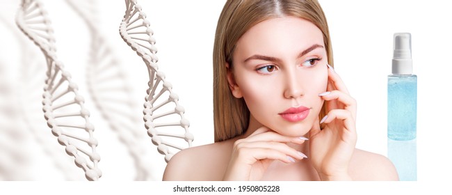 Young Woman Near Primer Oil Bottle Among DNA Stems.